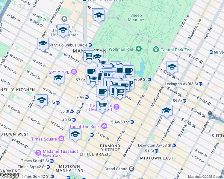 map of restaurants, bars, coffee shops, grocery stores, and more near 117 West 56th Street in New York