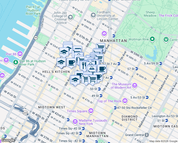map of restaurants, bars, coffee shops, grocery stores, and more near in New York