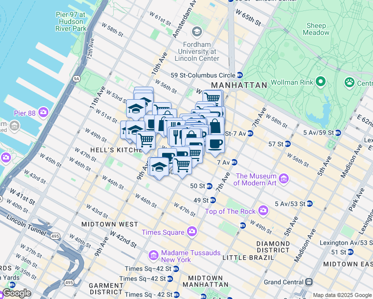 map of restaurants, bars, coffee shops, grocery stores, and more near in New York