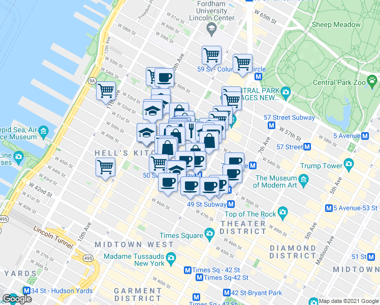map of restaurants, bars, coffee shops, grocery stores, and more near 360 West 52nd Street in New York