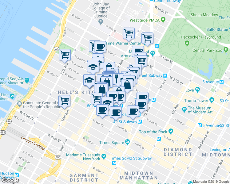 map of restaurants, bars, coffee shops, grocery stores, and more near 360 West 52nd Street in New York
