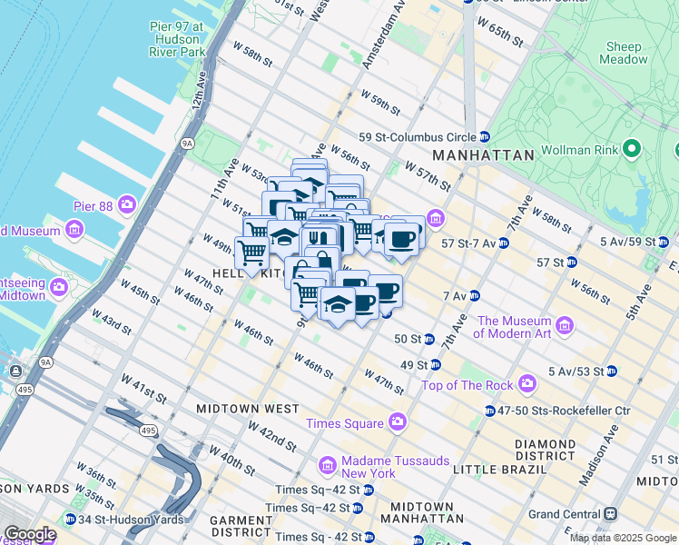 map of restaurants, bars, coffee shops, grocery stores, and more near 751 9th Avenue in New York