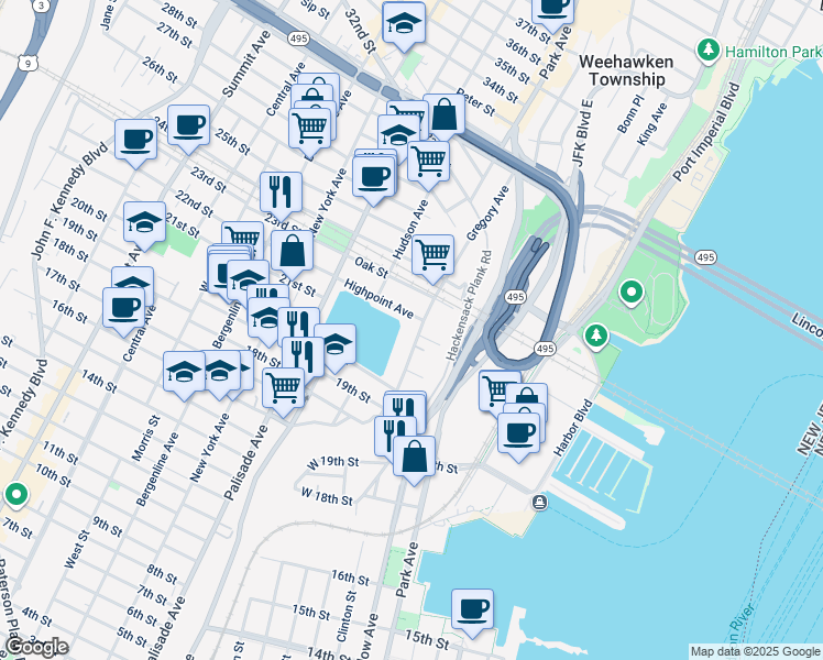 map of restaurants, bars, coffee shops, grocery stores, and more near 453 Gregory Avenue in Weehawken
