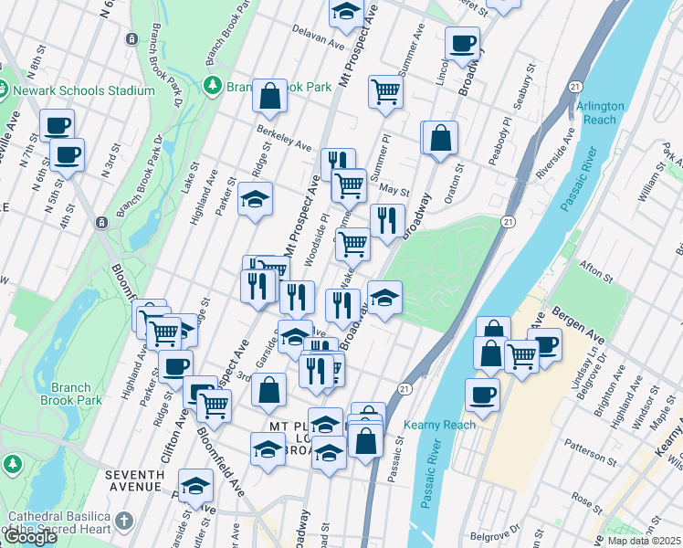 map of restaurants, bars, coffee shops, grocery stores, and more near 357 Summer Avenue in Newark