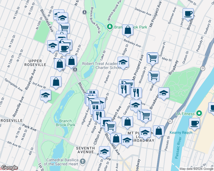 map of restaurants, bars, coffee shops, grocery stores, and more near 315 Parker Street in Newark
