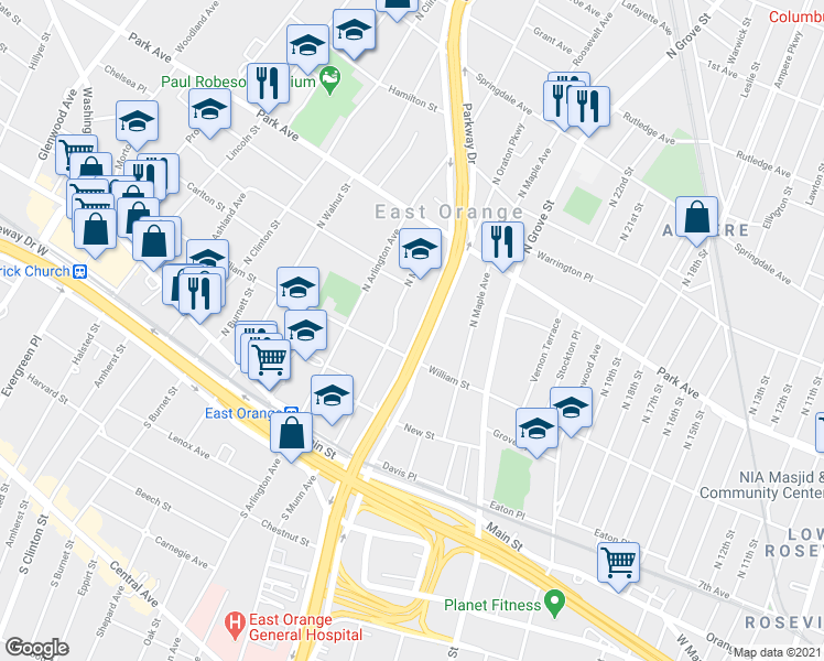 map of restaurants, bars, coffee shops, grocery stores, and more near 162 North Munn Avenue in East Orange