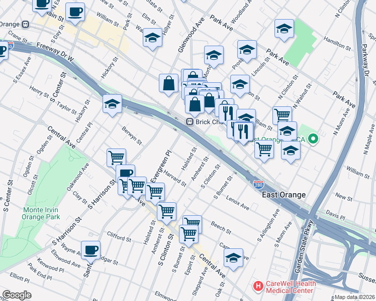 map of restaurants, bars, coffee shops, grocery stores, and more near 62 Halsted Street in East Orange
