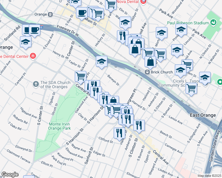 map of restaurants, bars, coffee shops, grocery stores, and more near 141 South Harrison Street in East Orange