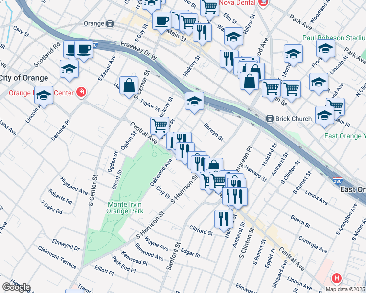 map of restaurants, bars, coffee shops, grocery stores, and more near 58 Hampton Terrace in City of Orange