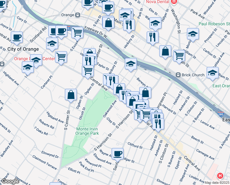 map of restaurants, bars, coffee shops, grocery stores, and more near 212 Oakwood Place in City of Orange