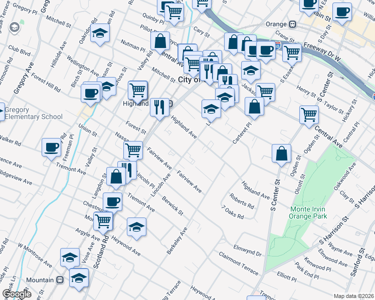 map of restaurants, bars, coffee shops, grocery stores, and more near 421 Lincoln Avenue in City of Orange