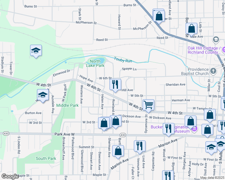 map of restaurants, bars, coffee shops, grocery stores, and more near 192 Rowland Avenue in Mansfield