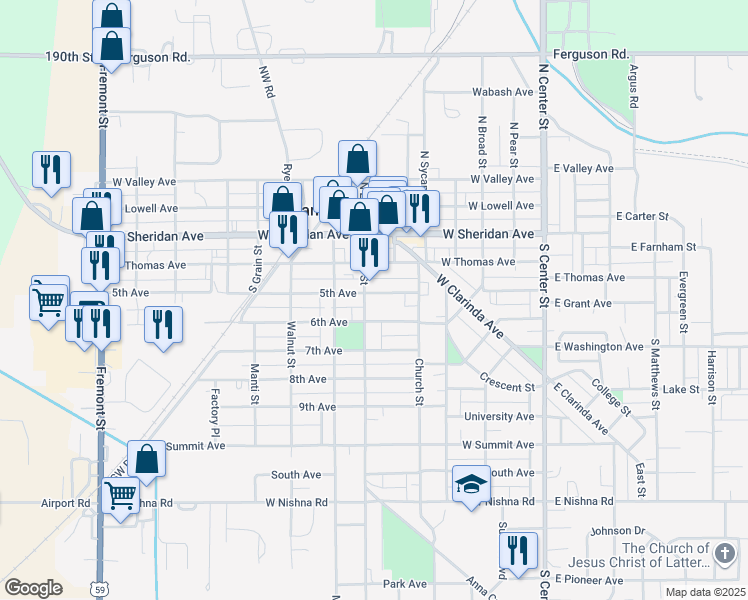 map of restaurants, bars, coffee shops, grocery stores, and more near 552-698 5th Ave in Shenandoah
