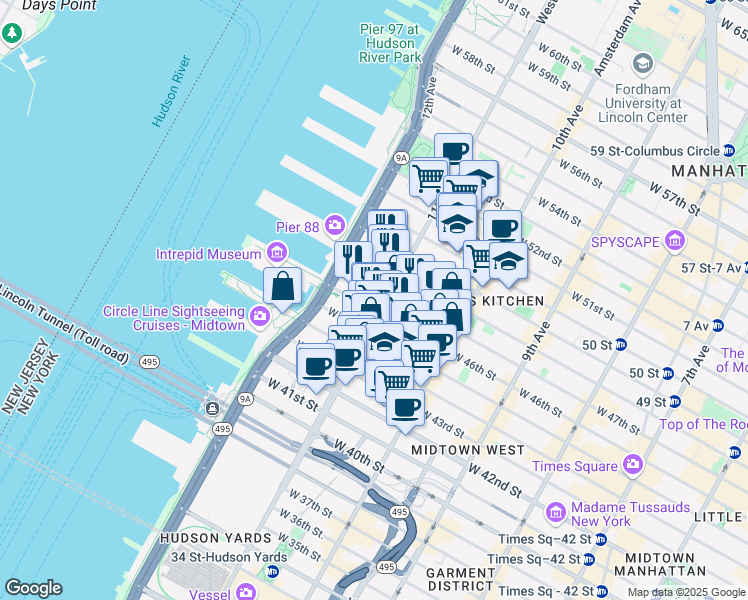 map of restaurants, bars, coffee shops, grocery stores, and more near in New York
