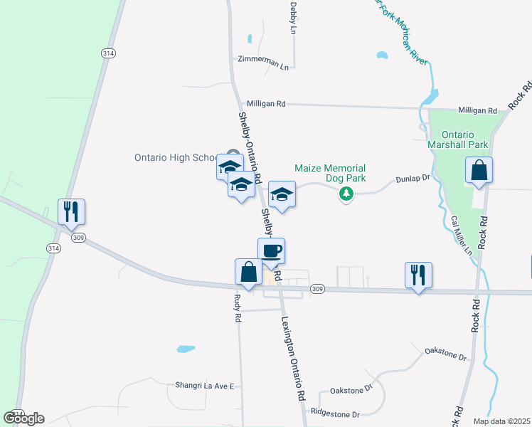 map of restaurants, bars, coffee shops, grocery stores, and more near 447 Shelby-Ontario Road in Ontario