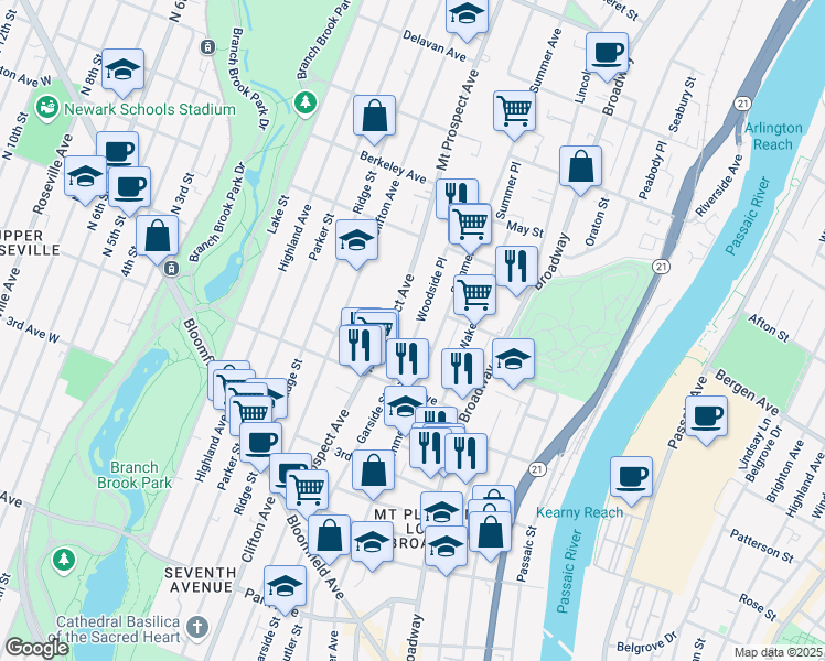 map of restaurants, bars, coffee shops, grocery stores, and more near 20-24 Woodside Avenue in Newark
