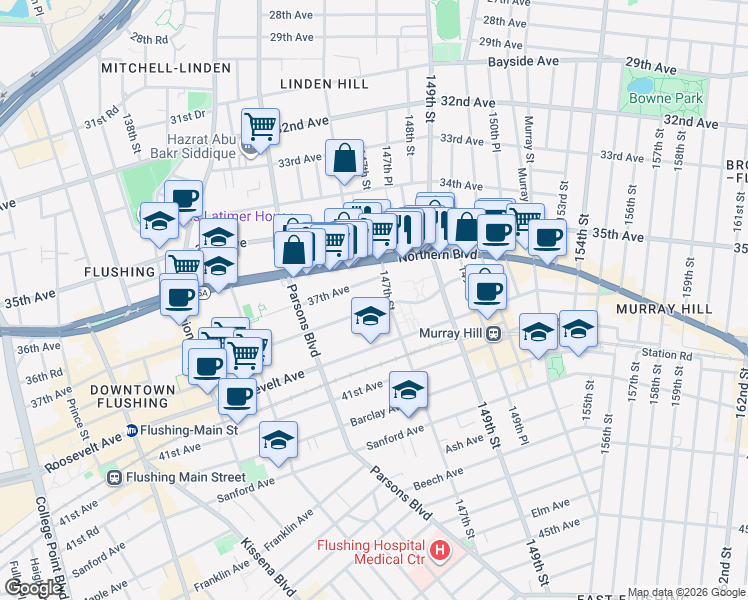 map of restaurants, bars, coffee shops, grocery stores, and more near 37-16 147th Street in Queens