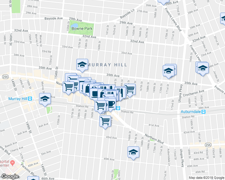 map of restaurants, bars, coffee shops, grocery stores, and more near 35-54 163rd Street in Queens