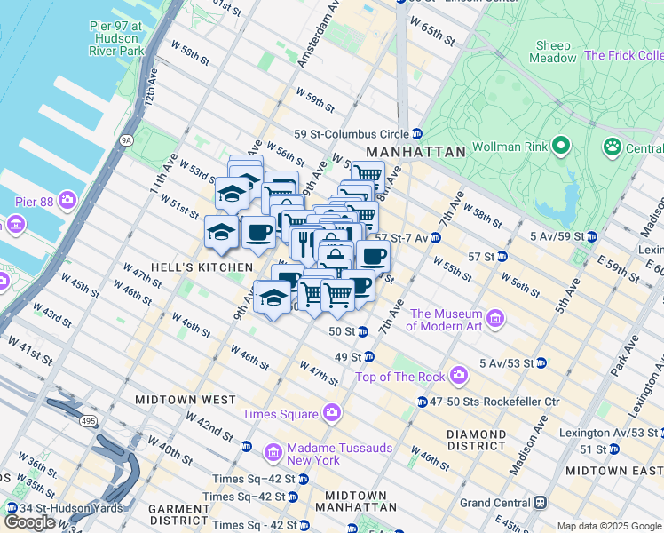 map of restaurants, bars, coffee shops, grocery stores, and more near 871 8th Avenue in New York