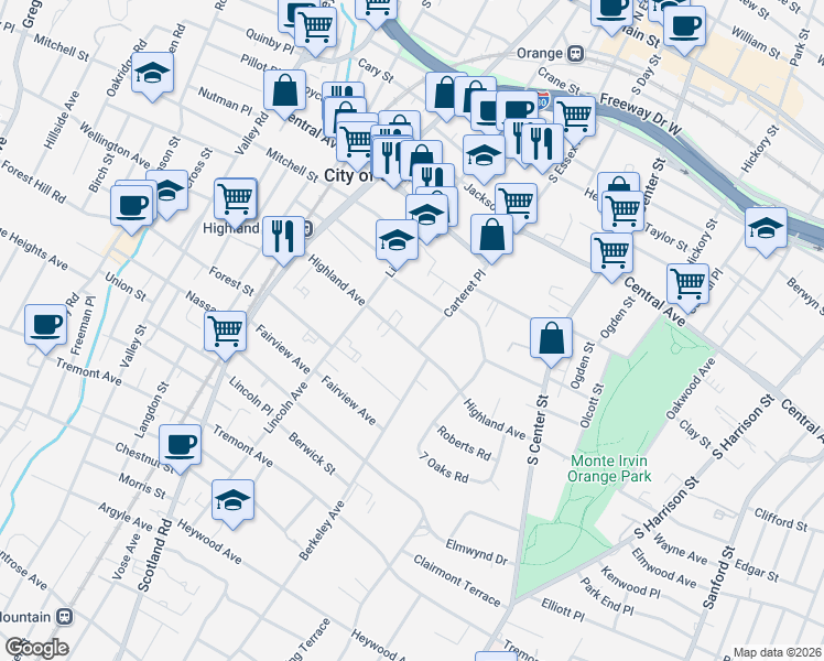map of restaurants, bars, coffee shops, grocery stores, and more near 383 Highland Avenue in City of Orange