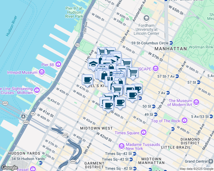 map of restaurants, bars, coffee shops, grocery stores, and more near 439 West 49th Street in New York