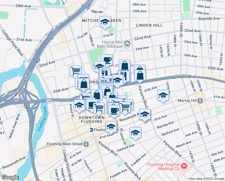 map of restaurants, bars, coffee shops, grocery stores, and more near 138-28 Northern Boulevard in Queens