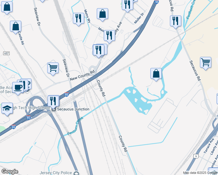map of restaurants, bars, coffee shops, grocery stores, and more near 2 County Road in Secaucus