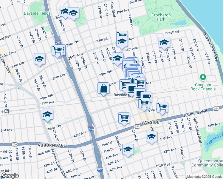 map of restaurants, bars, coffee shops, grocery stores, and more near 39-11 210th Street in Queens