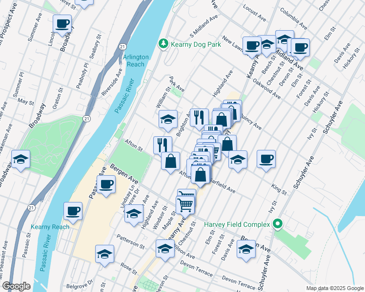 map of restaurants, bars, coffee shops, grocery stores, and more near 33 Halstead Street in Kearny