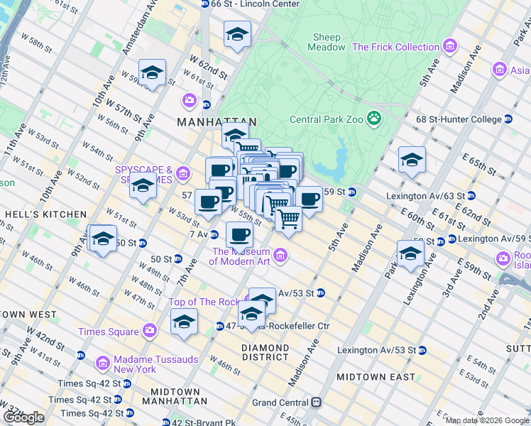 map of restaurants, bars, coffee shops, grocery stores, and more near 117 West 56th Street in New York
