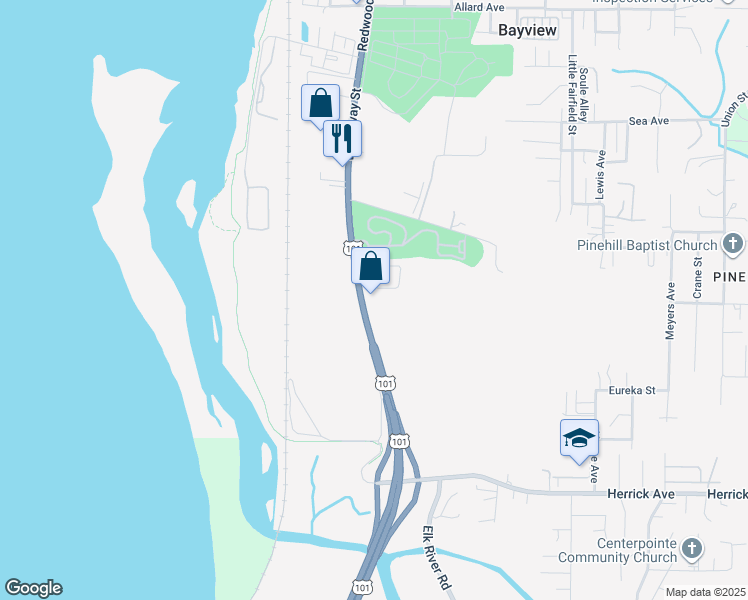 map of restaurants, bars, coffee shops, grocery stores, and more near 4437-4821 Redwood Hwy in Eureka