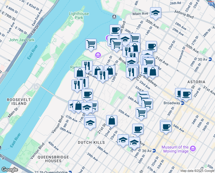 map of restaurants, bars, coffee shops, grocery stores, and more near 11-20 34th Avenue in Queens