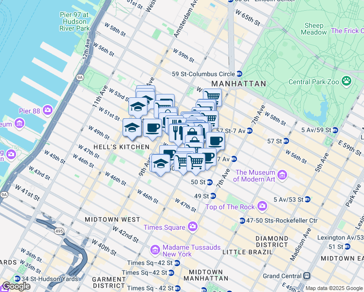 map of restaurants, bars, coffee shops, grocery stores, and more near 329 West 51st Street in New York