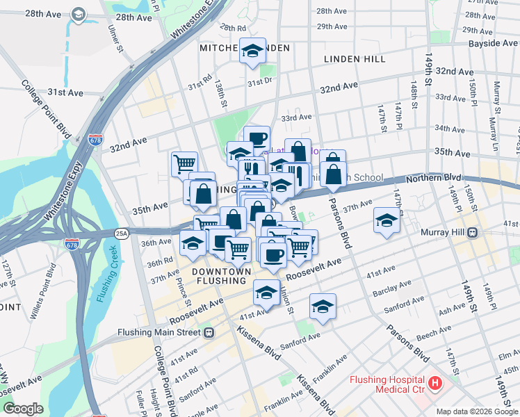 map of restaurants, bars, coffee shops, grocery stores, and more near 138-10 Northern Boulevard in Queens