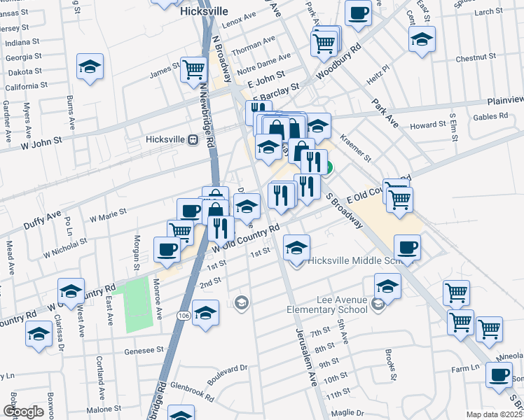 map of restaurants, bars, coffee shops, grocery stores, and more near 101 Jerusalem Avenue in Hicksville