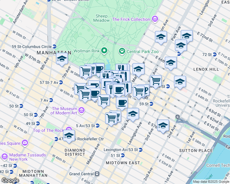 map of restaurants, bars, coffee shops, grocery stores, and more near 767 5th Avenue in New York