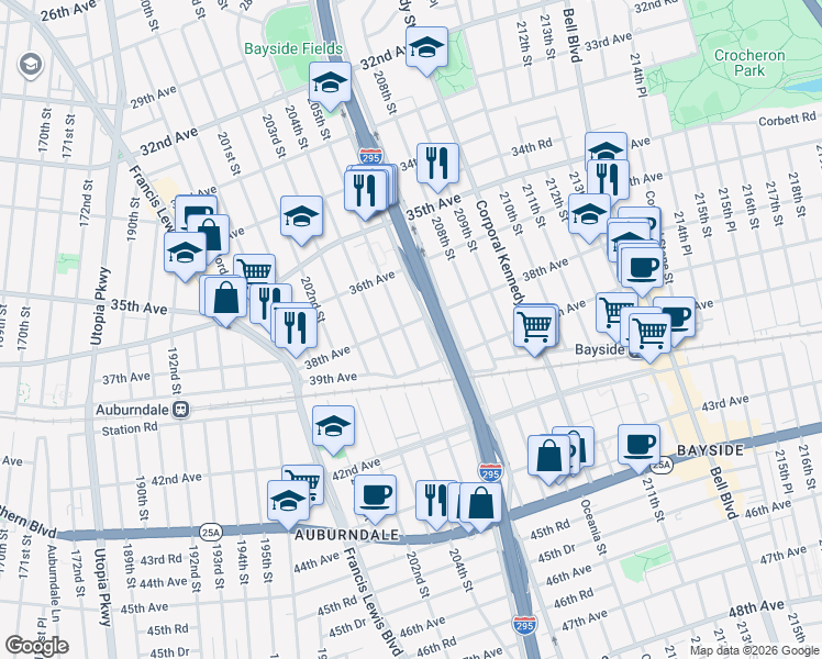 map of restaurants, bars, coffee shops, grocery stores, and more near 38-03 205th Street in Queens