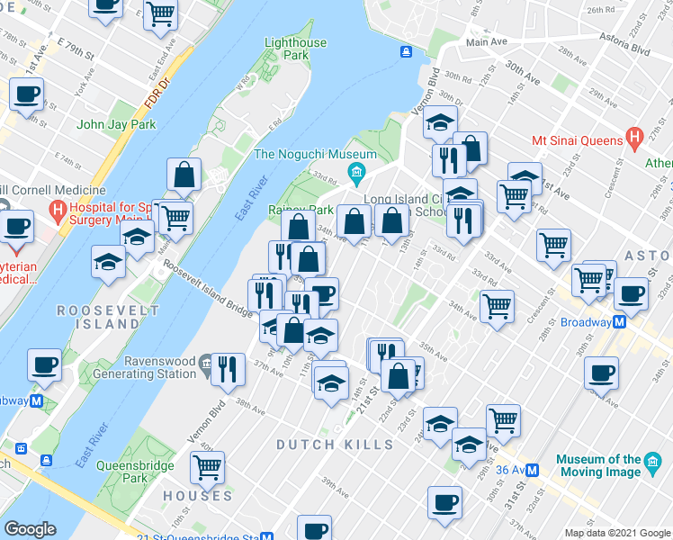 map of restaurants, bars, coffee shops, grocery stores, and more near 34-36 10th Street in Queens
