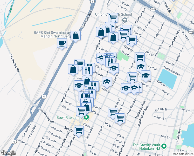 map of restaurants, bars, coffee shops, grocery stores, and more near 1500 Kerrigan Avenue in Union City