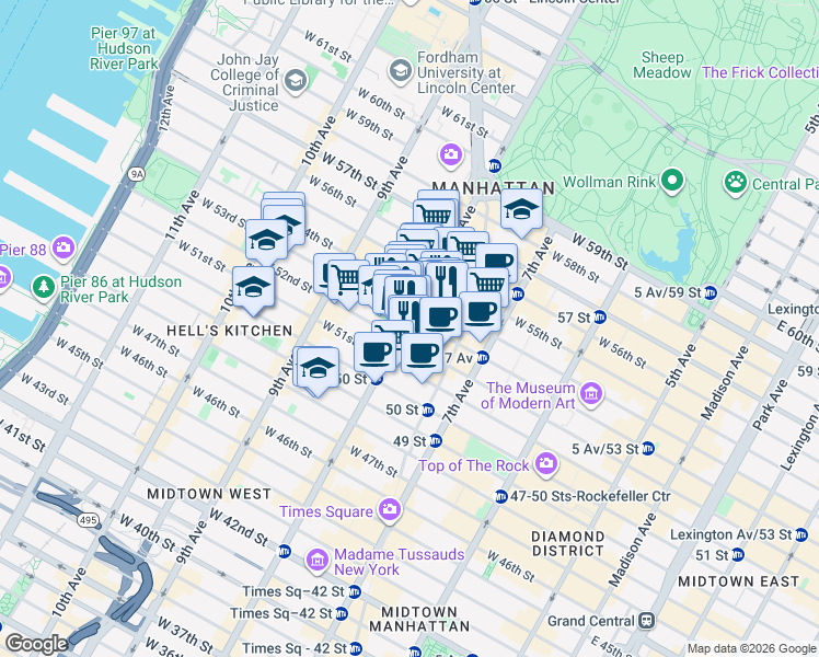map of restaurants, bars, coffee shops, grocery stores, and more near 864 8th Avenue in New York