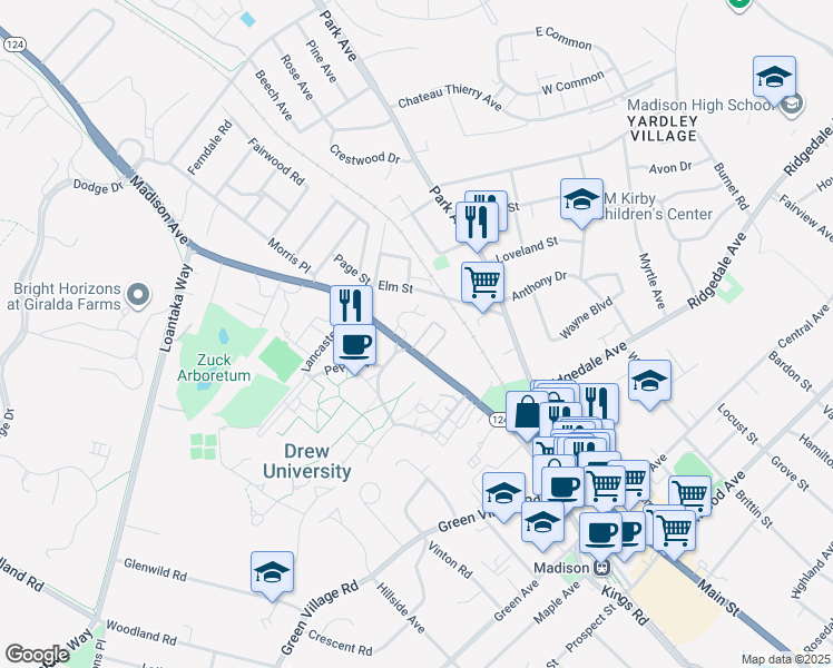 map of restaurants, bars, coffee shops, grocery stores, and more near 47 Madison Avenue in Madison
