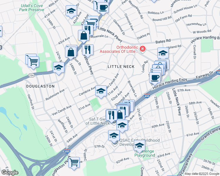 map of restaurants, bars, coffee shops, grocery stores, and more near 249-30 Van Zandt Avenue in Queens