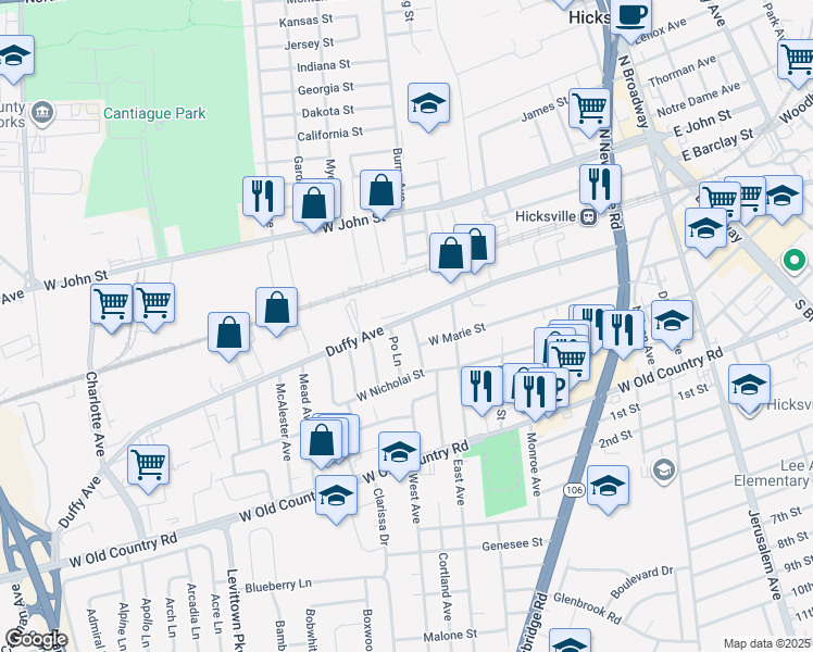 map of restaurants, bars, coffee shops, grocery stores, and more near 221 Duffy Avenue in Hicksville