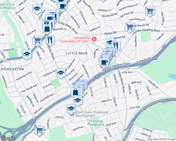 map of restaurants, bars, coffee shops, grocery stores, and more near 251-34 Thornhill Avenue in Queens