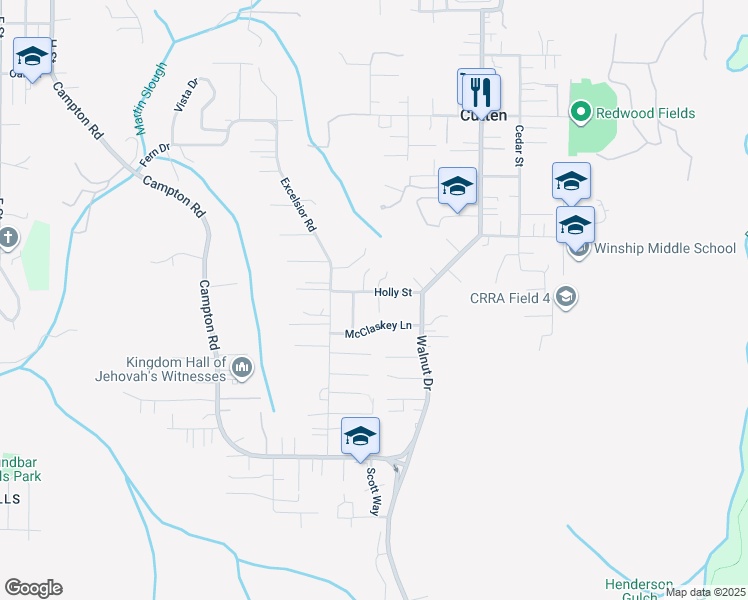 map of restaurants, bars, coffee shops, grocery stores, and more near 2020 Holly Street in Eureka