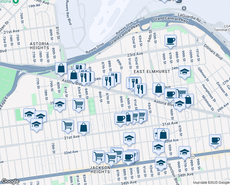map of restaurants, bars, coffee shops, grocery stores, and more near 88-20 Astoria Boulevard in Queens