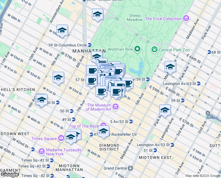 map of restaurants, bars, coffee shops, grocery stores, and more near 117 West 56th Street in New York