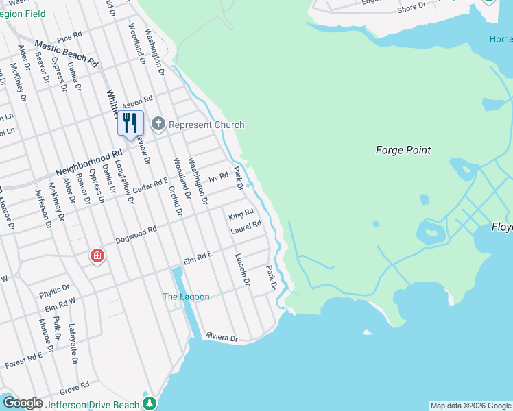 map of restaurants, bars, coffee shops, grocery stores, and more near 1 King Road in Mastic Beach