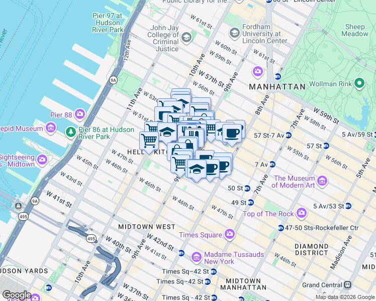 map of restaurants, bars, coffee shops, grocery stores, and more near 745 9th Avenue in New York