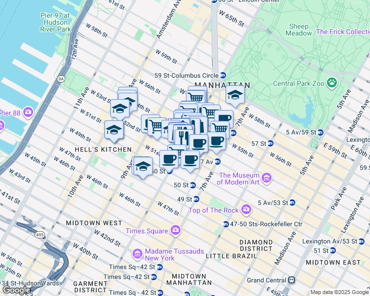 map of restaurants, bars, coffee shops, grocery stores, and more near 864 8th Avenue in New York
